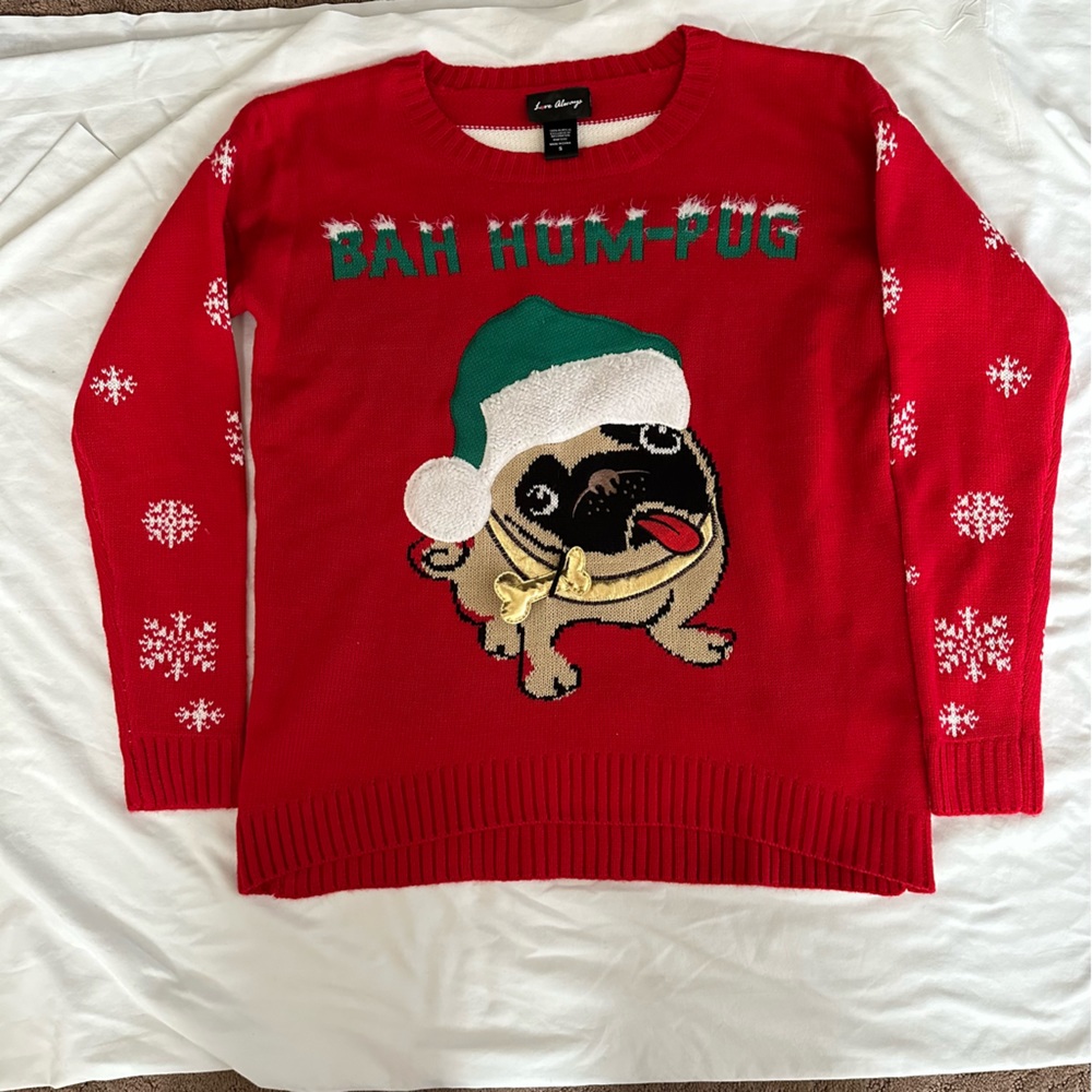 Love Always “Bah Hum-Pug” ladies S red Christmas Sweater